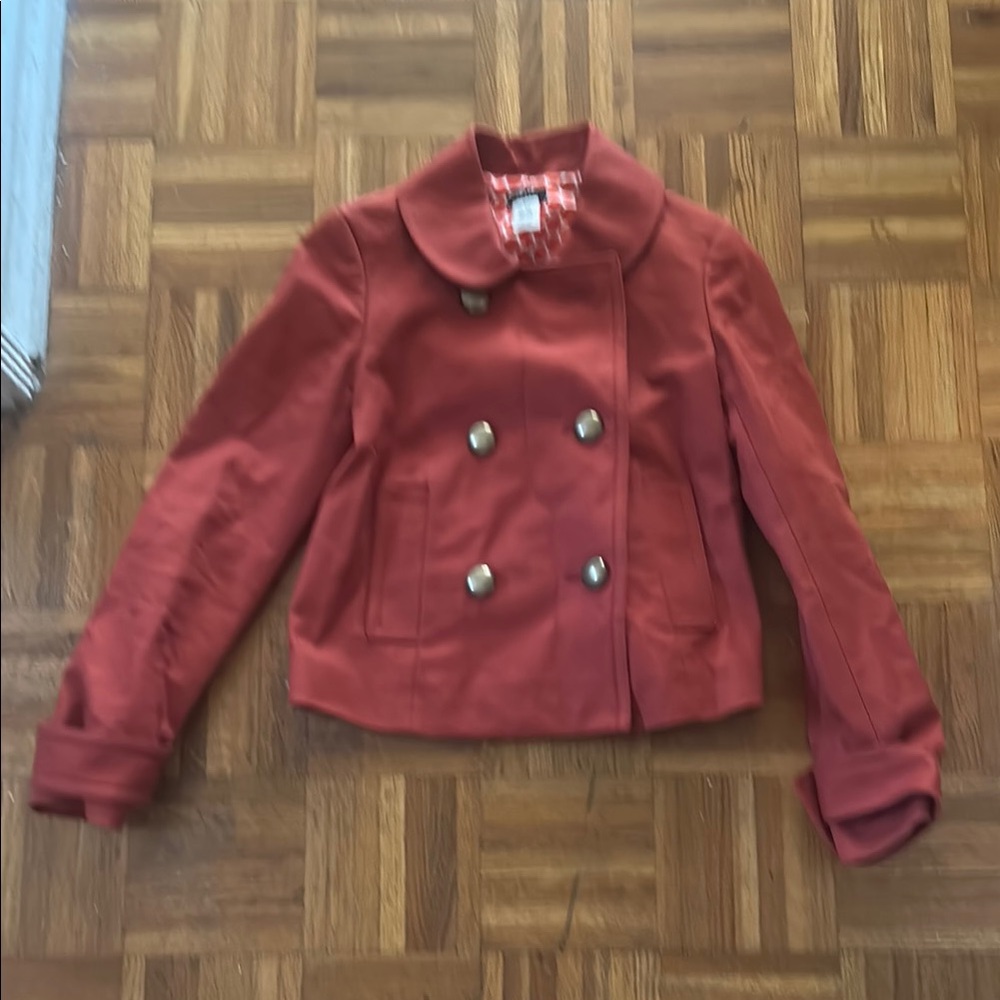 J Crew Red Pea Coat with Classic Collar and Fitted Silhouette